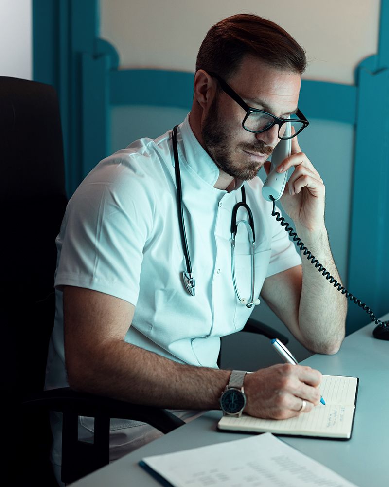 Médico ao telefone fazendo anotações no consultório